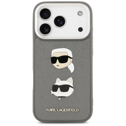 Pouzdro pro Apple iPhone 17 Pro, Karl Lagerfeld, Grained Karl & Choupette's Heads Pins and Logo, šedé