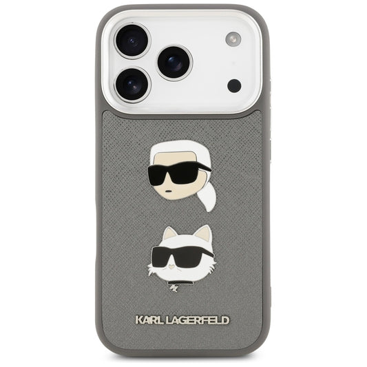 Pouzdro pro Apple iPhone 17 Pro, Karl Lagerfeld, Grained Karl & Choupette's Heads Pins and Logo, šedé