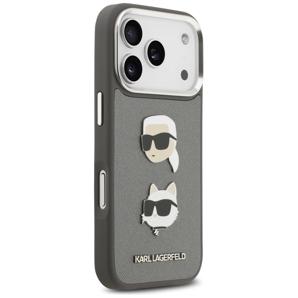 Pouzdro pro Apple iPhone 17 Pro, Karl Lagerfeld, Grained Karl & Choupette's Heads Pins and Logo, šedé