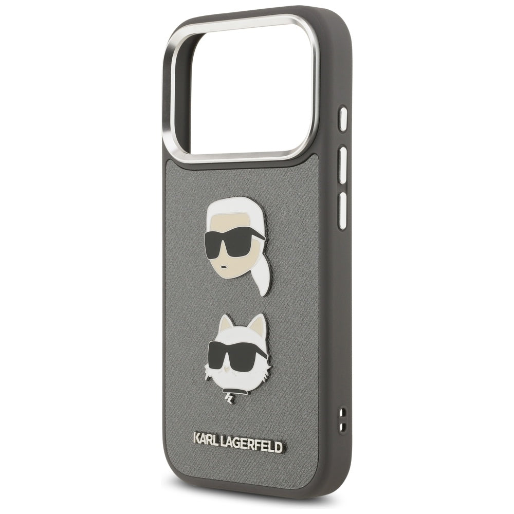 Pouzdro pro Apple iPhone 17 Pro, Karl Lagerfeld, Grained Karl & Choupette's Heads Pins and Logo, šedé