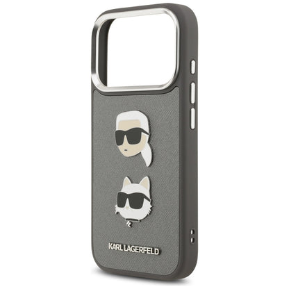 Pouzdro pro Apple iPhone 17 Pro, Karl Lagerfeld, Grained Karl & Choupette's Heads Pins and Logo, šedé
