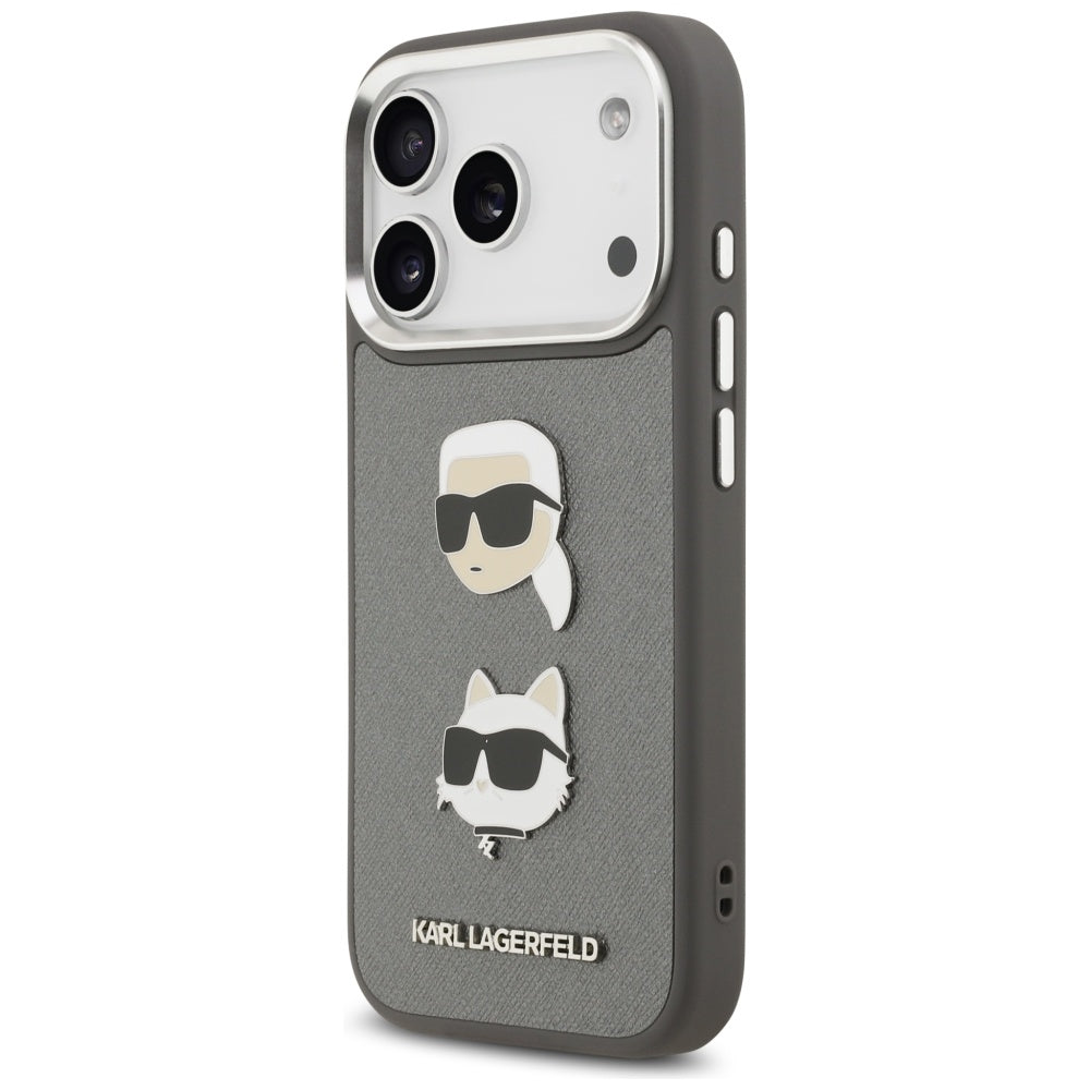 Pouzdro pro Apple iPhone 17 Pro, Karl Lagerfeld, Grained Karl & Choupette's Heads Pins and Logo, šedé