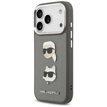 Pouzdro pro Apple iPhone 17 Pro, Karl Lagerfeld, Grained Karl & Choupette's Heads Pins and Logo, šedé