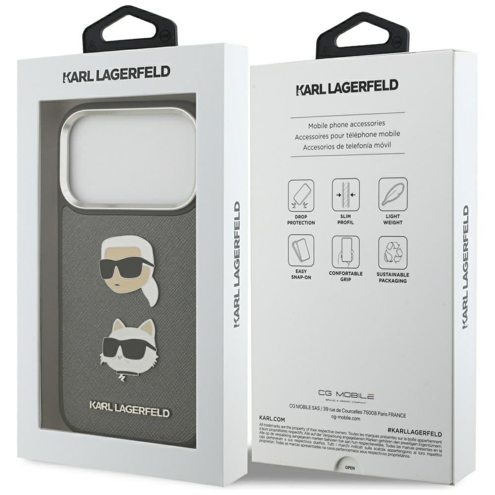 Pouzdro pro Apple iPhone 17 Pro, Karl Lagerfeld, Grained Karl & Choupette's Heads Pins and Logo, šedé