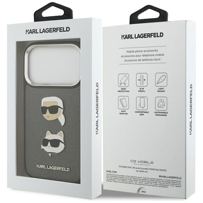 Pouzdro pro Apple iPhone 17 Pro, Karl Lagerfeld, Grained Karl & Choupette's Heads Pins and Logo, šedé