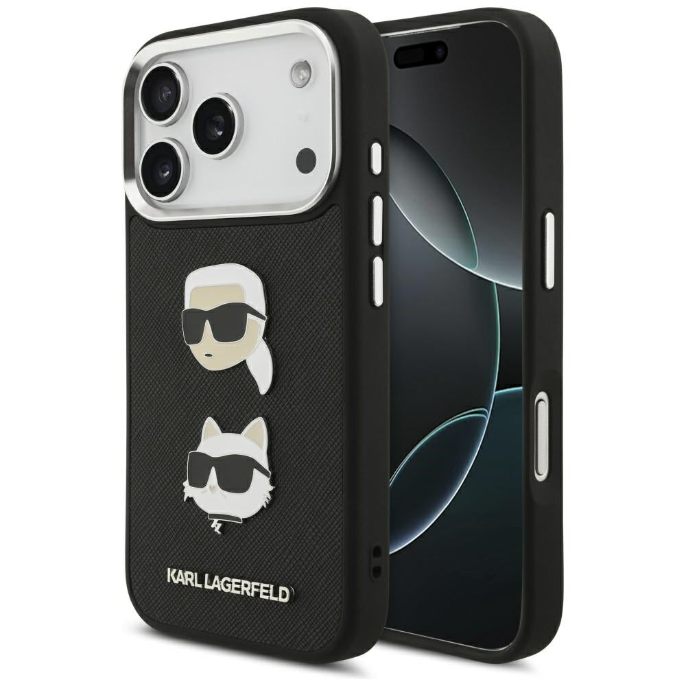 Pouzdro pro Apple iPhone 17 Pro, Karl Lagerfeld, Grained Karl & Choupette's Heads Pins and Logo, černá