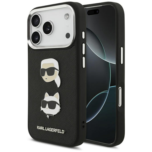 Pouzdro pro Apple iPhone 17 Pro, Karl Lagerfeld, Grained Karl & Choupette's Heads Pins and Logo, černá