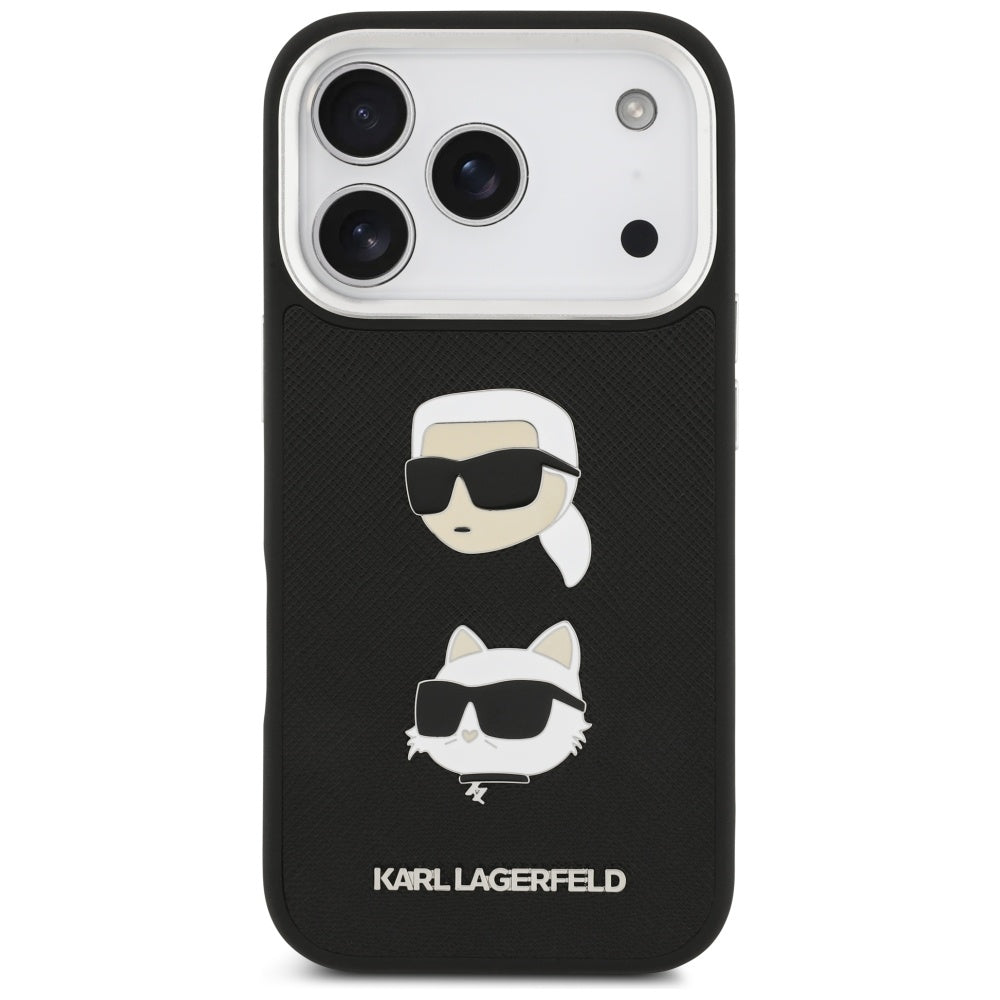 Pouzdro pro Apple iPhone 17 Pro, Karl Lagerfeld, Grained Karl & Choupette's Heads Pins and Logo, černá