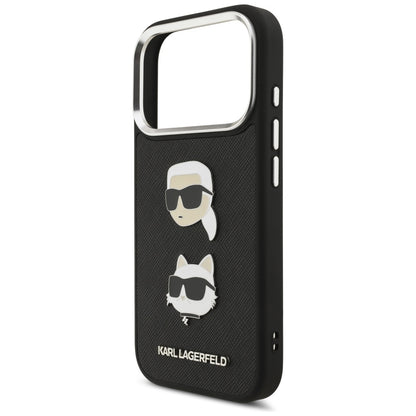 Pouzdro pro Apple iPhone 17 Pro, Karl Lagerfeld, Grained Karl & Choupette's Heads Pins and Logo, černá
