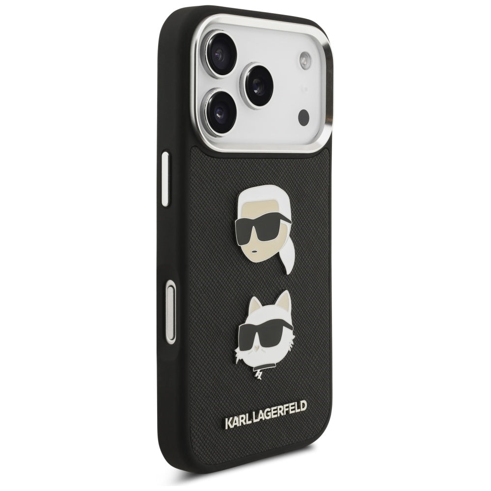 Pouzdro pro Apple iPhone 17 Pro, Karl Lagerfeld, Grained Karl & Choupette's Heads Pins and Logo, černá