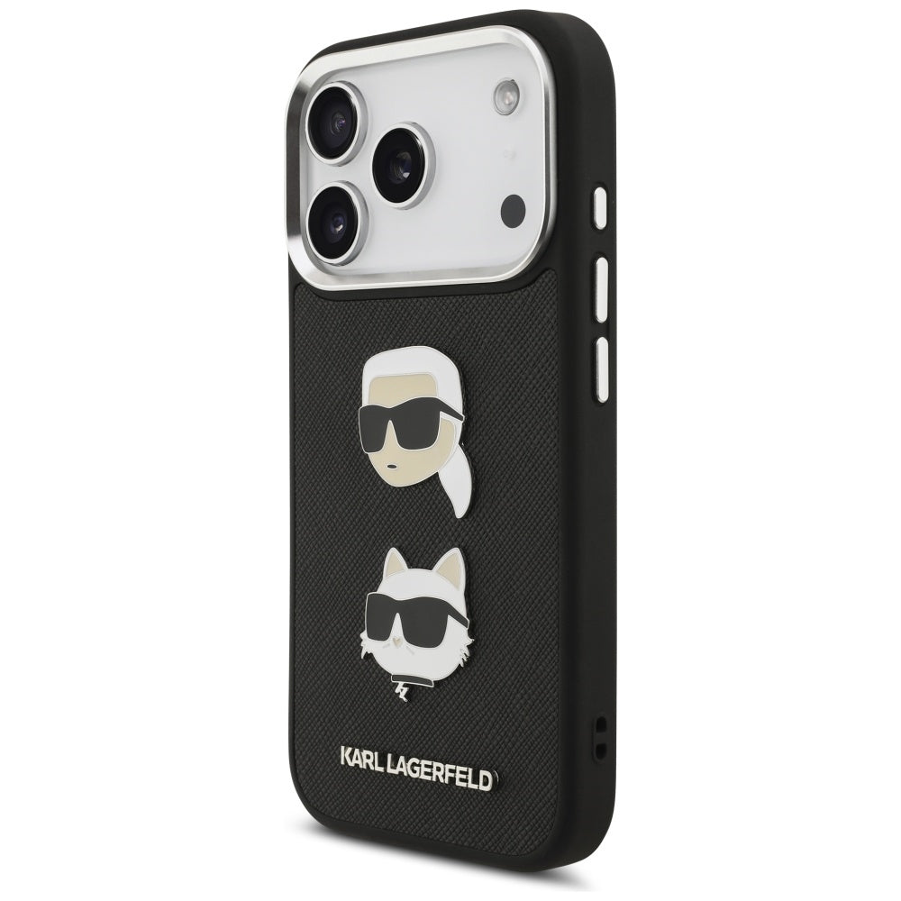 Pouzdro pro Apple iPhone 17 Pro, Karl Lagerfeld, Grained Karl & Choupette's Heads Pins and Logo, černá