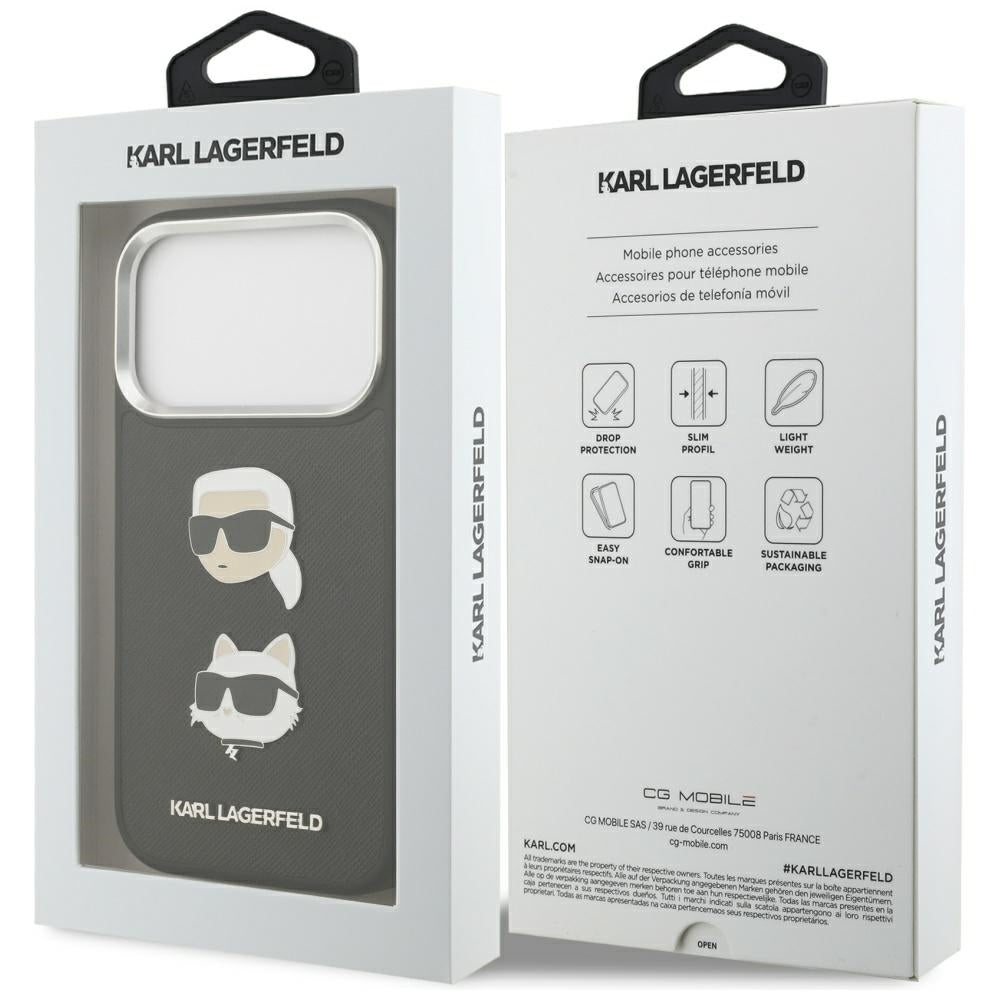 Pouzdro pro Apple iPhone 17 Pro, Karl Lagerfeld, Grained Karl & Choupette's Heads Pins and Logo, černá