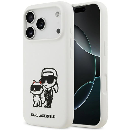 Pouzdro pro Apple iPhone 17 Pro, Karl Lagerfeld, Sketch and Logo Karl & Choupette, Bílá