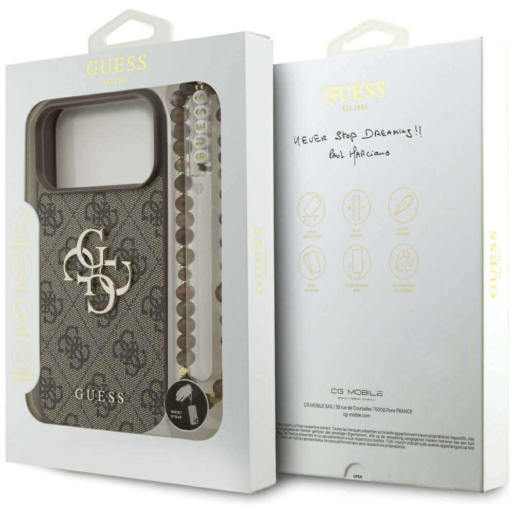 Pouzdro pro Apple iPhone 17 Pro Max, Guess, 4G Classic Logo with Pearl Strap, hnědá
