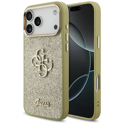 Pouzdro pro Apple iPhone 17 Pro Max, Guess, Fixed Glitter Big 4G Metal Frame, Zlaté