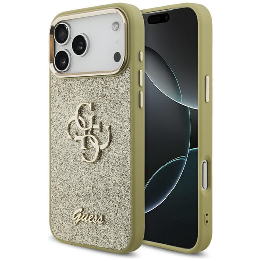 Pouzdro pro Apple iPhone 17 Pro Max, Guess, Fixed Glitter Big 4G Metal Frame, Zlaté