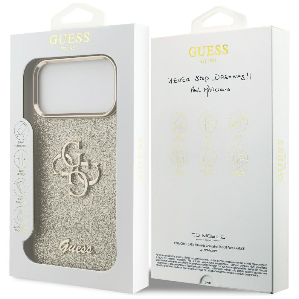 Pouzdro pro Apple iPhone 17 Pro Max, Guess, Fixed Glitter Big 4G Metal Frame, Zlaté