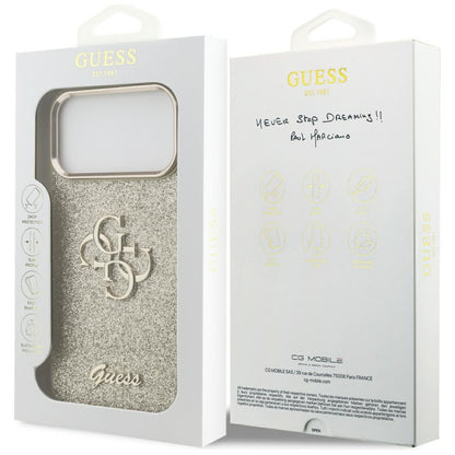 Pouzdro pro Apple iPhone 17 Pro Max, Guess, Fixed Glitter Big 4G Metal Frame, Zlaté