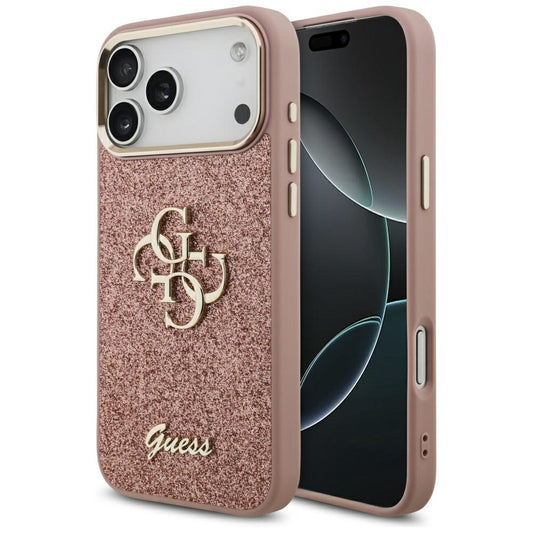 Pouzdro pro Apple iPhone 17 Pro Max, Guess, Fixed Glitter Big 4G Metal Frame, Růžové