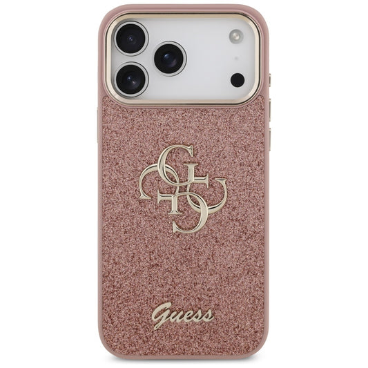Pouzdro pro Apple iPhone 17 Pro Max, Guess, Fixed Glitter Big 4G Metal Frame, Růžové