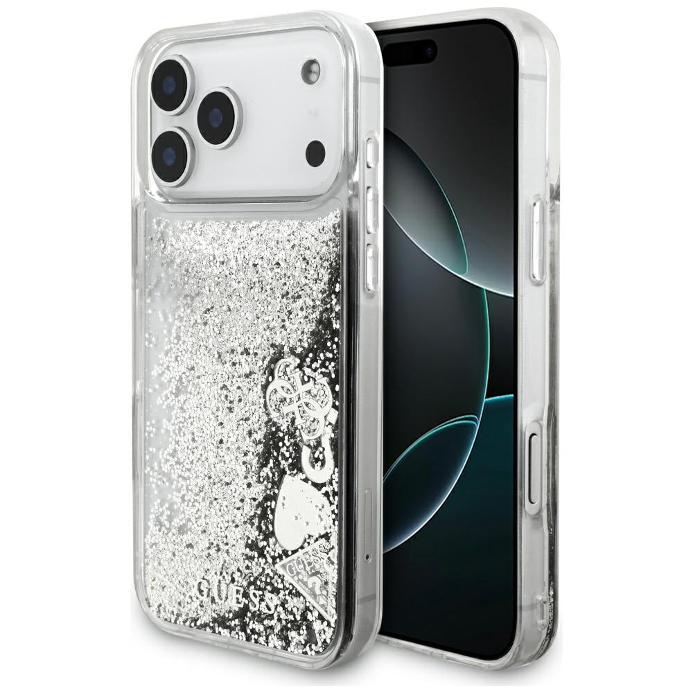 Pouzdro pro Apple iPhone 17 Pro Max, Guess, Liquid Glitter Charms, Stříbrné