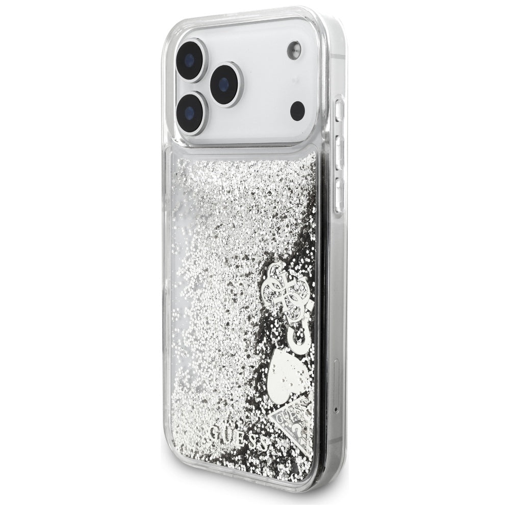 Pouzdro pro Apple iPhone 17 Pro Max, Guess, Liquid Glitter Charms, Stříbrné
