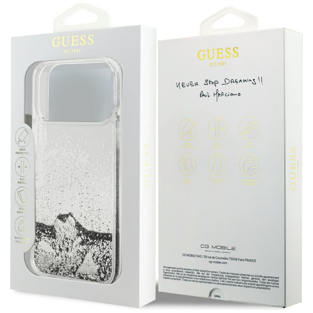 Pouzdro pro Apple iPhone 17 Pro Max, Guess, Liquid Glitter Charms, Stříbrné
