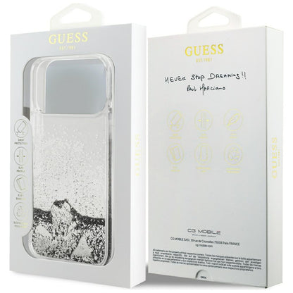 Pouzdro pro Apple iPhone 17 Pro Max, Guess, Liquid Glitter Charms, Stříbrné