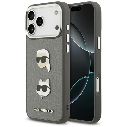 Pouzdro pro Apple iPhone 17 Pro Max, Karl Lagerfeld, Grained Karl & Choupette's Heads Pins and Logo, šedé