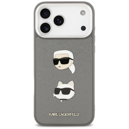 Pouzdro pro Apple iPhone 17 Pro Max, Karl Lagerfeld, Grained Karl & Choupette's Heads Pins and Logo, šedé