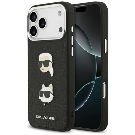 Pouzdro pro Apple iPhone 17 Pro Max, Karl Lagerfeld, Grained Karl & Choupette's Heads Pins and Logo, Černá
