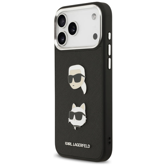 Pouzdro pro Apple iPhone 17 Pro Max, Karl Lagerfeld, Grained Karl & Choupette's Heads Pins and Logo, Černá