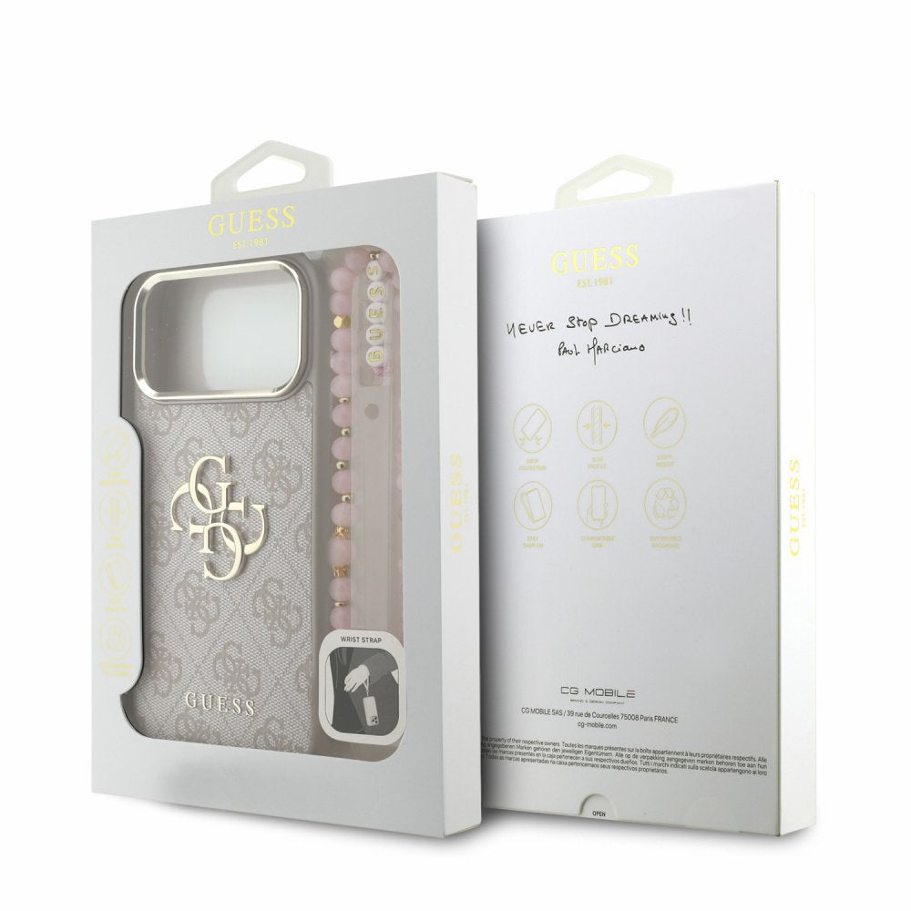 Pouzdro pro Apple iPhone 18 Pro / 17 Pro, Guess, 4G Classic Logo with Strap, růžově zlaté