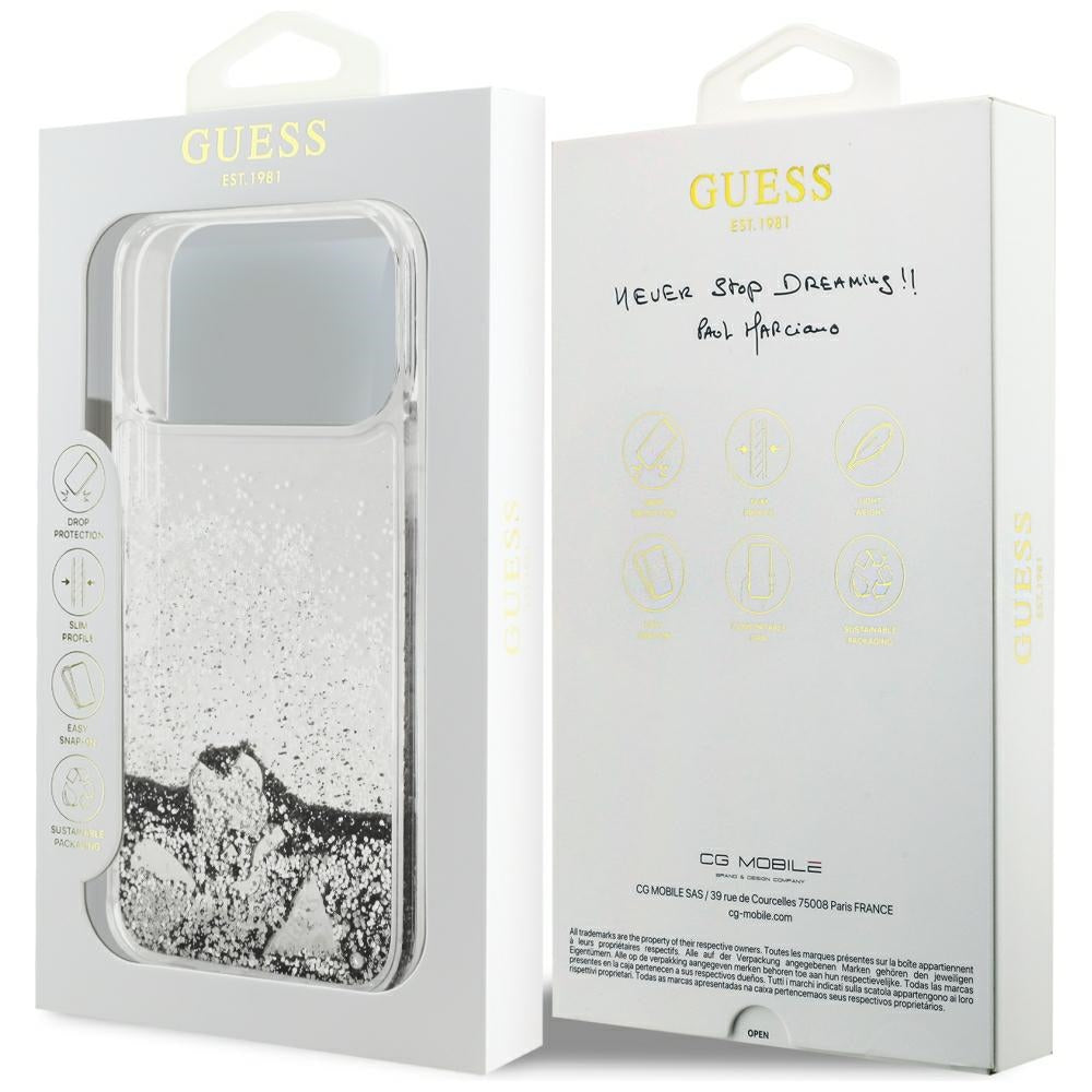 Pouzdro pro Apple iPhone 18 Pro / 17 Pro, Guess, Liquid Glitter Charms, stříbrné