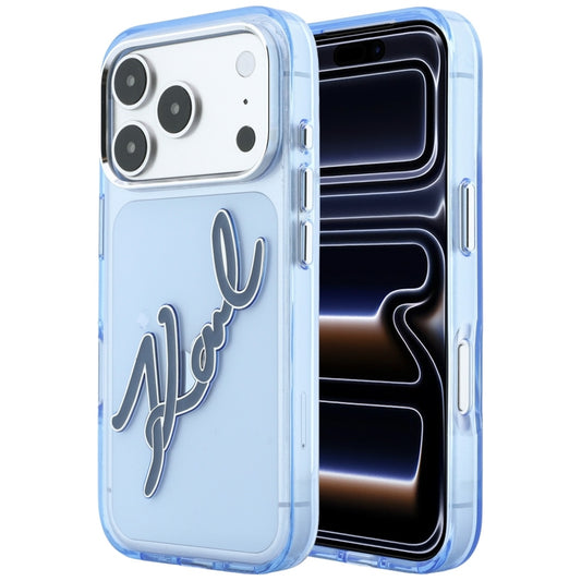 Pouzdro pro Apple iPhone 18 Pro / 17 Pro, Karl Lagerfeld, IML Velké podpisové logo z pryskyřice a kovový rám, modré