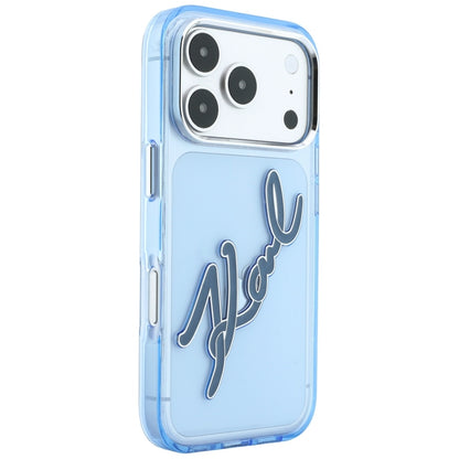 Pouzdro pro Apple iPhone 18 Pro / 17 Pro, Karl Lagerfeld, IML Velké podpisové logo z pryskyřice a kovový rám, modré