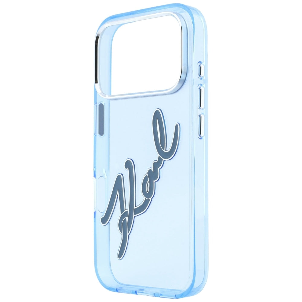 Pouzdro pro Apple iPhone 18 Pro / 17 Pro, Karl Lagerfeld, IML Velké podpisové logo z pryskyřice a kovový rám, modré
