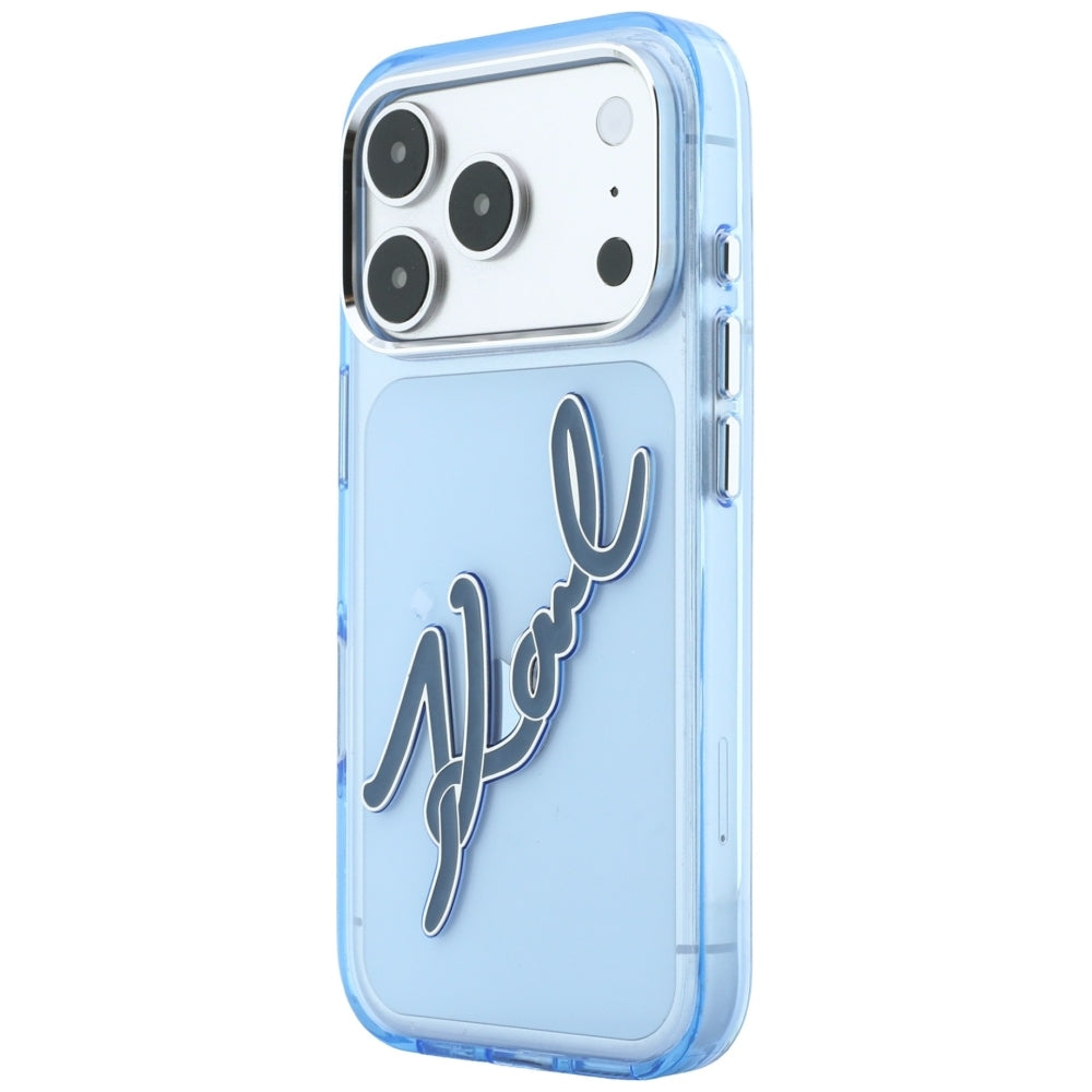 Pouzdro pro Apple iPhone 18 Pro / 17 Pro, Karl Lagerfeld, IML Velké podpisové logo z pryskyřice a kovový rám, modré
