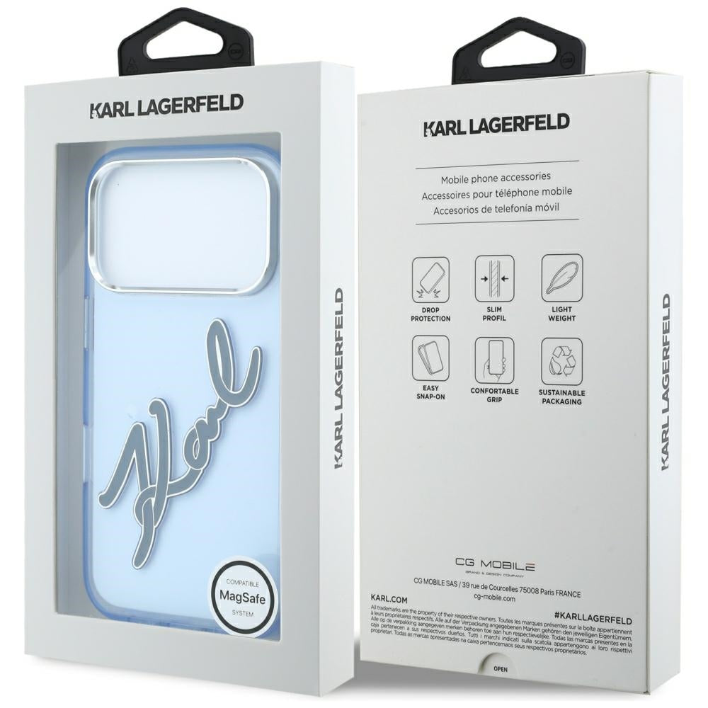 Pouzdro pro Apple iPhone 18 Pro / 17 Pro, Karl Lagerfeld, IML Velké podpisové logo z pryskyřice a kovový rám, modré