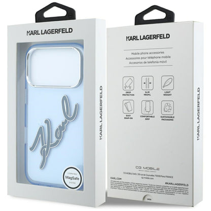 Pouzdro pro Apple iPhone 18 Pro / 17 Pro, Karl Lagerfeld, IML Velké podpisové logo z pryskyřice a kovový rám, modré