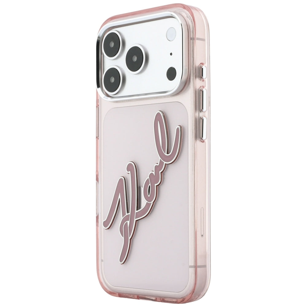 Pouzdro pro Apple iPhone 18 Pro / 17 Pro, Karl Lagerfeld, IML Velké podpisové logo z pryskyřice a kovový rám, růžové