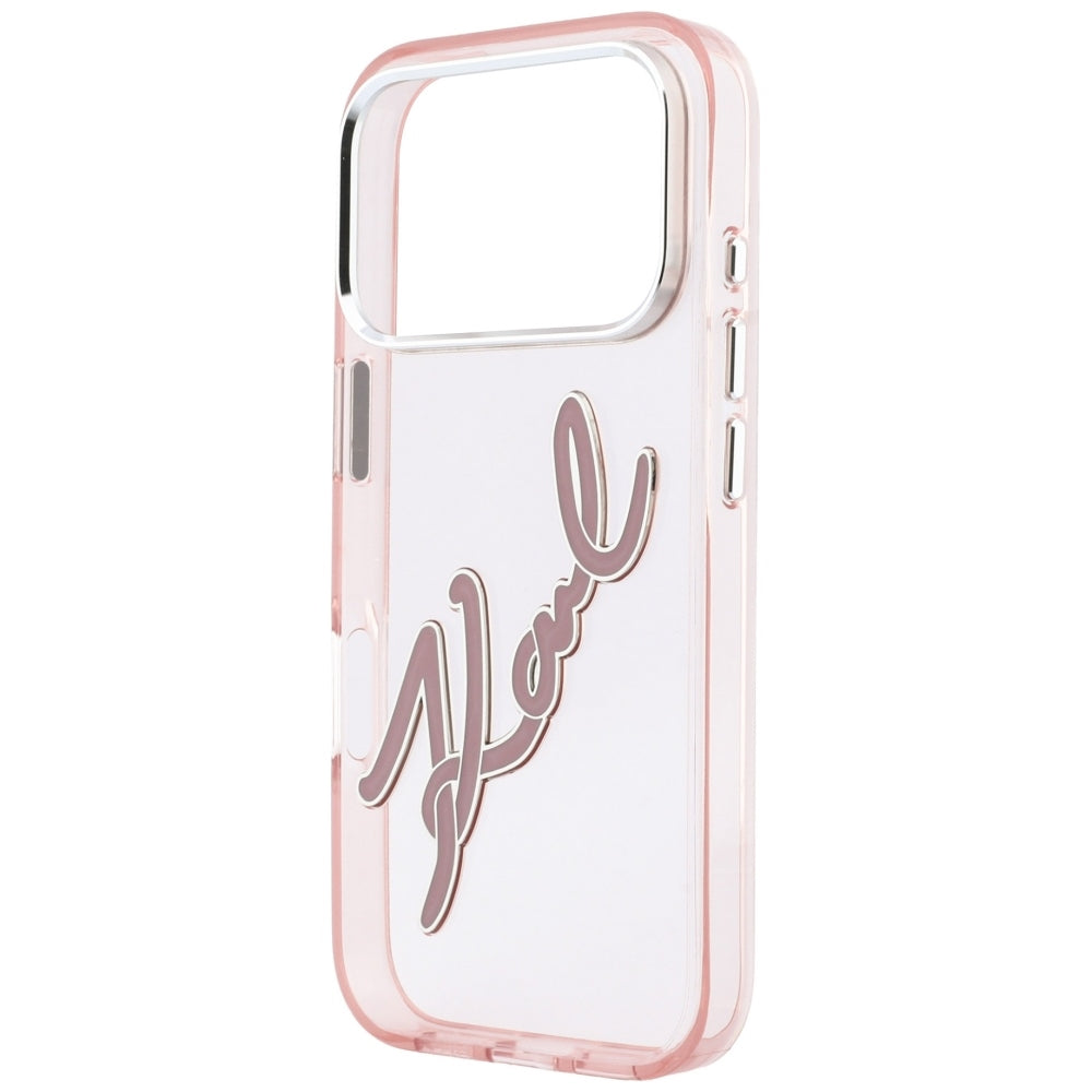 Pouzdro pro Apple iPhone 18 Pro / 17 Pro, Karl Lagerfeld, IML Velké podpisové logo z pryskyřice a kovový rám, růžové