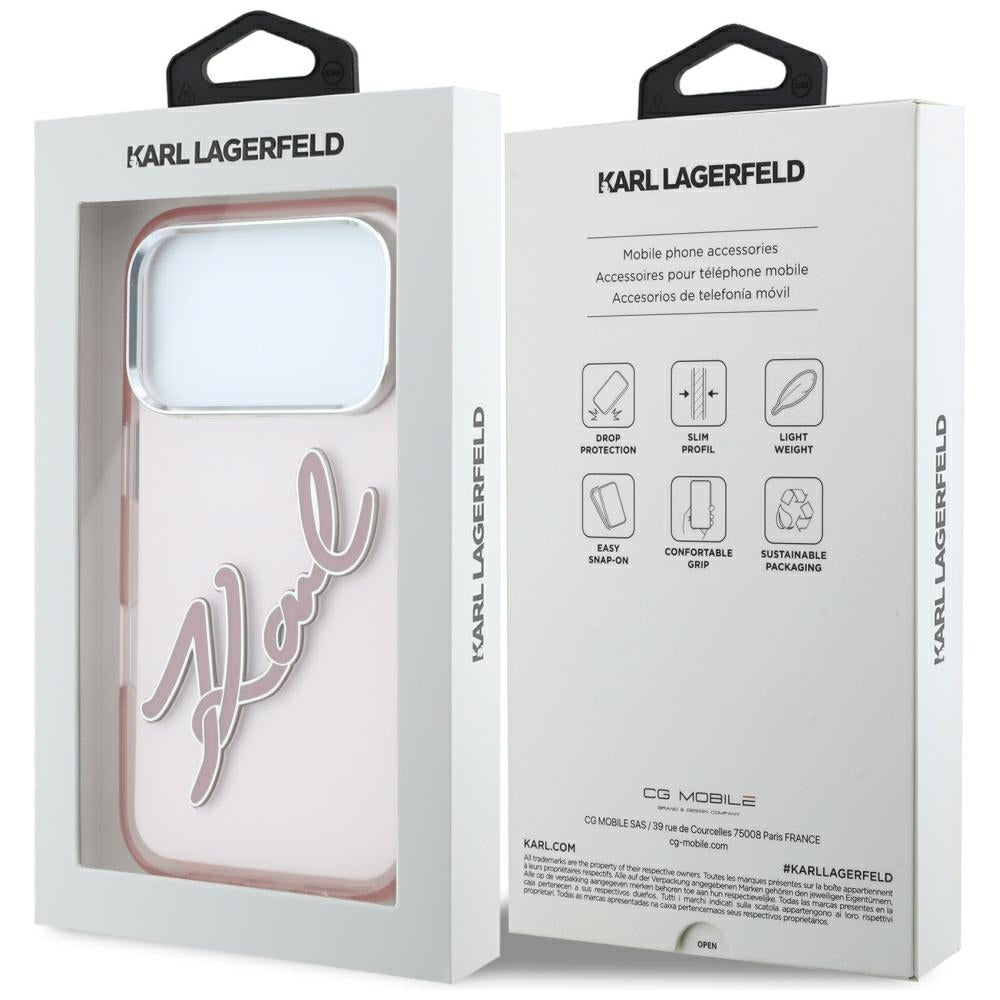 Pouzdro pro Apple iPhone 18 Pro / 17 Pro, Karl Lagerfeld, IML Velké podpisové logo z pryskyřice a kovový rám, růžové