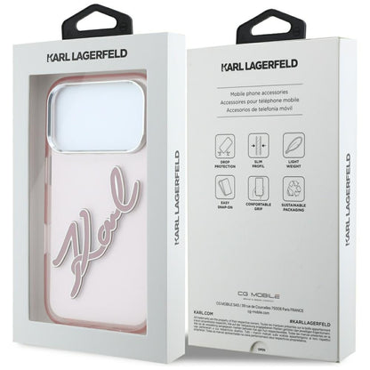Pouzdro pro Apple iPhone 18 Pro / 17 Pro, Karl Lagerfeld, IML Velké podpisové logo z pryskyřice a kovový rám, růžové