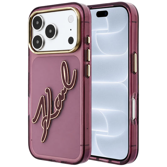 Pouzdro pro Apple iPhone 18 Pro / 17 Pro, Karl Lagerfeld, IML Velké podpisové logo z pryskyřice a kovový rám, Vínová