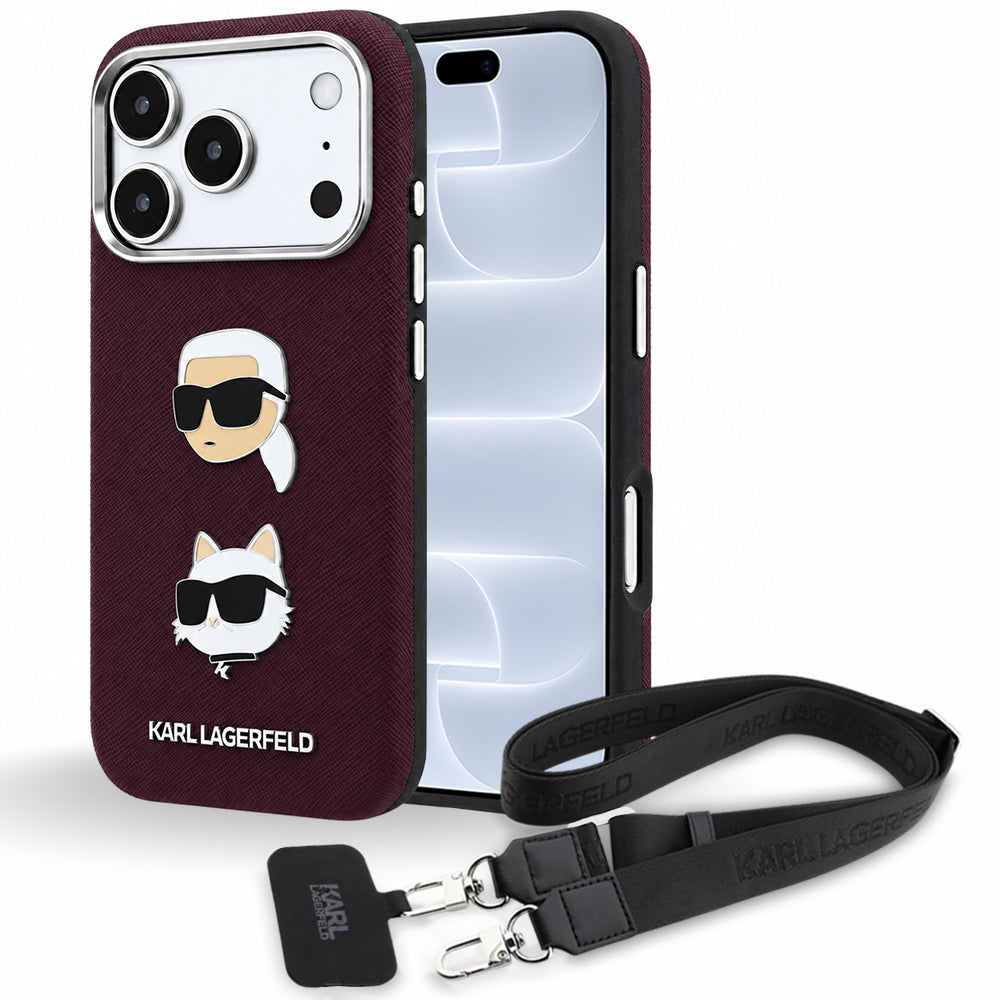 Pouzdro pro Apple iPhone 18 Pro / 17 Pro, Karl Lagerfeld, Saffiano Crossbody Karl & Choupette Head's Pins Logo, vínové