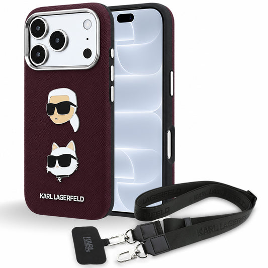 Pouzdro pro Apple iPhone 18 Pro / 17 Pro, Karl Lagerfeld, Saffiano Crossbody Karl & Choupette Head's Pins Logo, vínové