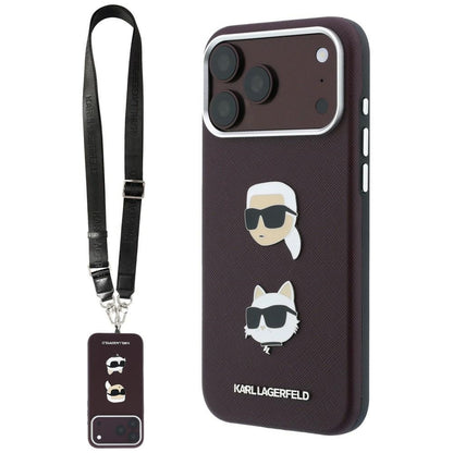 Pouzdro pro Apple iPhone 18 Pro / 17 Pro, Karl Lagerfeld, Saffiano Crossbody Karl & Choupette Head's Pins Logo, vínové