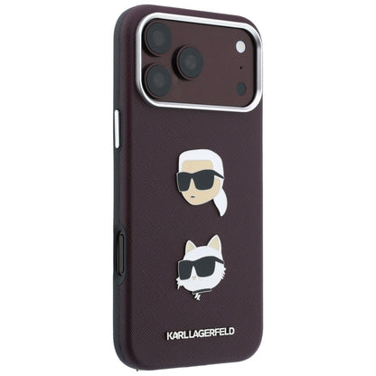 Pouzdro pro Apple iPhone 18 Pro / 17 Pro, Karl Lagerfeld, Saffiano Crossbody Karl & Choupette Head's Pins Logo, vínové
