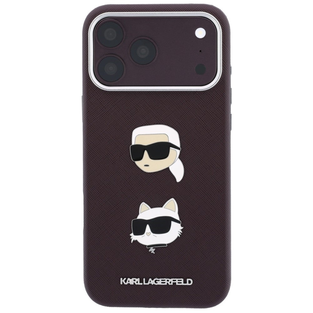 Pouzdro pro Apple iPhone 18 Pro / 17 Pro, Karl Lagerfeld, Saffiano Crossbody Karl & Choupette Head's Pins Logo, vínové